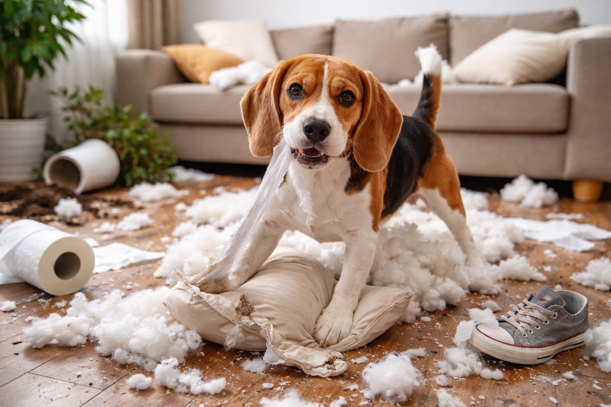 бигль устроил беспорядок в квартире