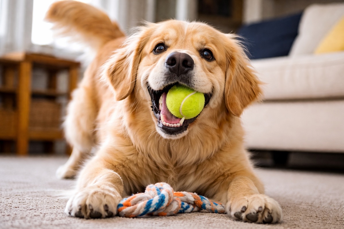Собака лабрадор ретривер играет с тенисным мячиком