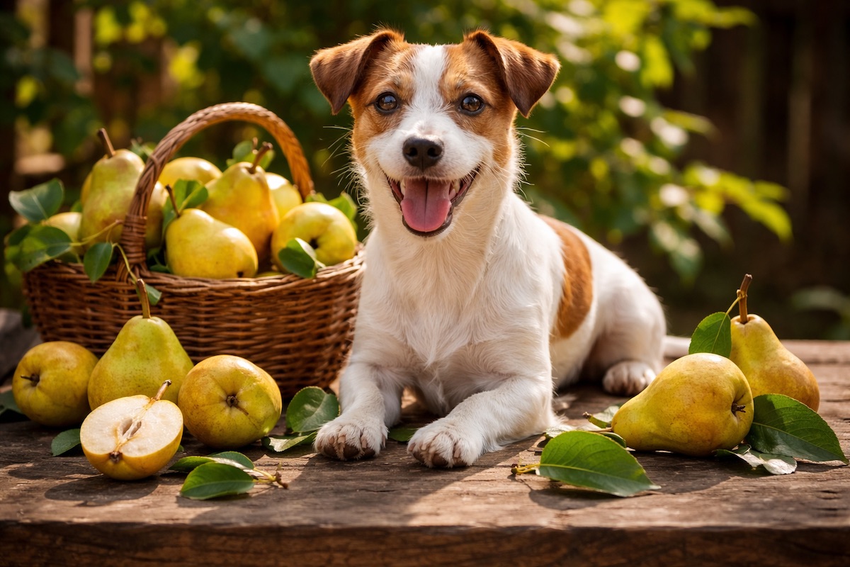 Джек-рассел і кошик з грушами. Чи можна собакам грушу?