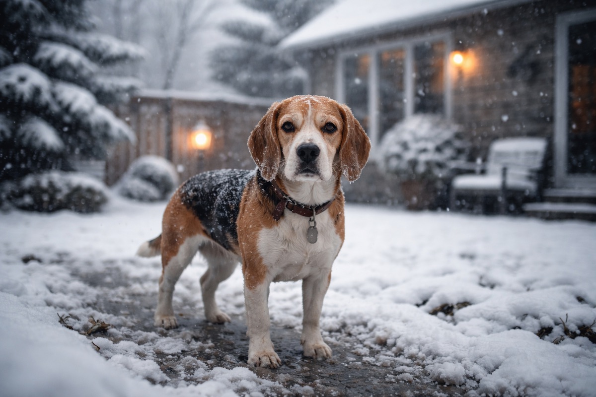 бигль в во дворе дома