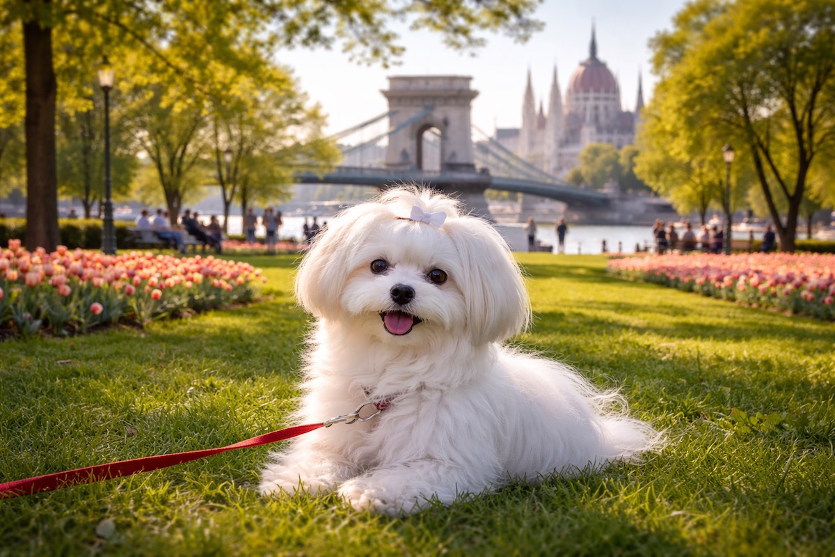 Мальтезе в парке на траве