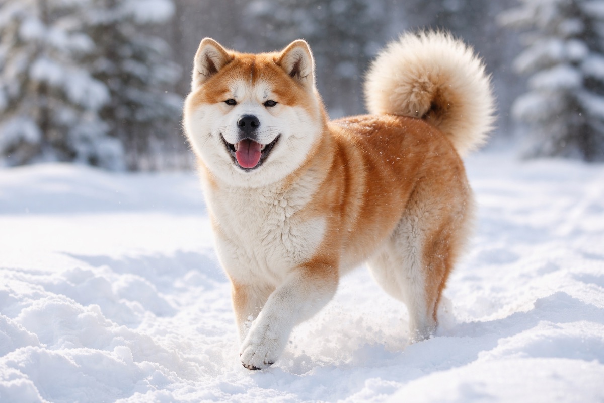Акіта-іну стоїть на вулиці взимку на снігу