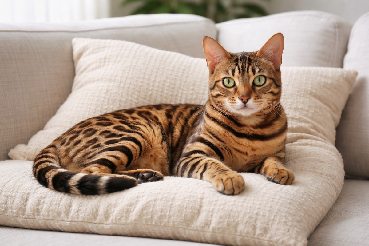 бенгальская кошка лежит на подушке