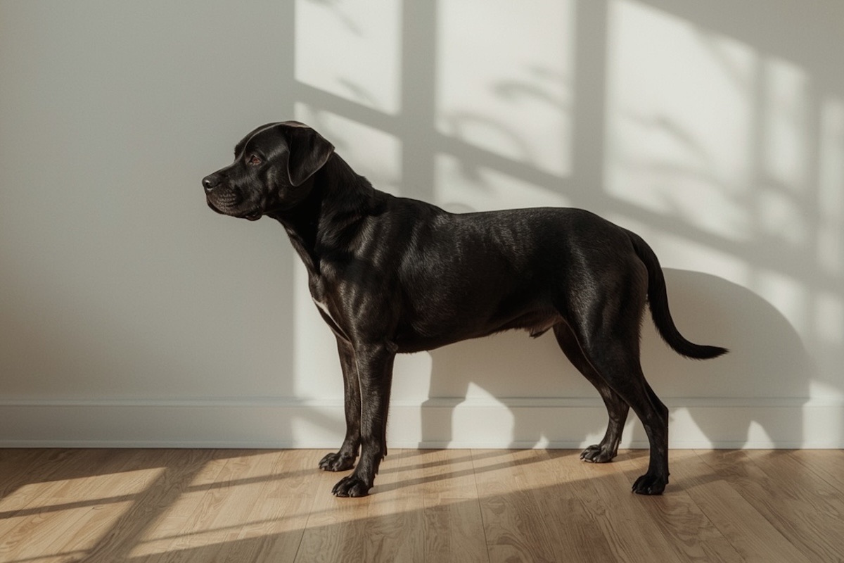 черная собака стоит возле стены