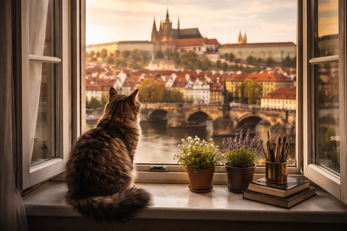 Кішка сидить на підвіконні та дивиться у вікно