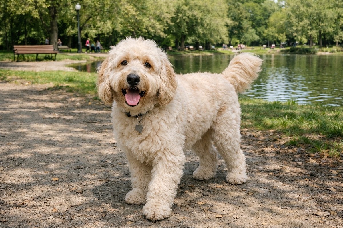 Пушистый лабрадудль на прогулке