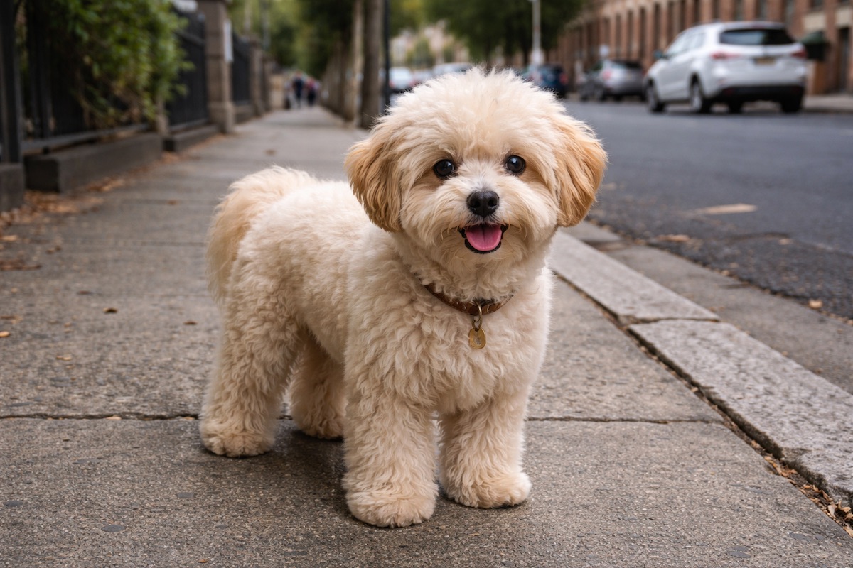 Милый пушистый мальтипу светлого окраса стоит на улице