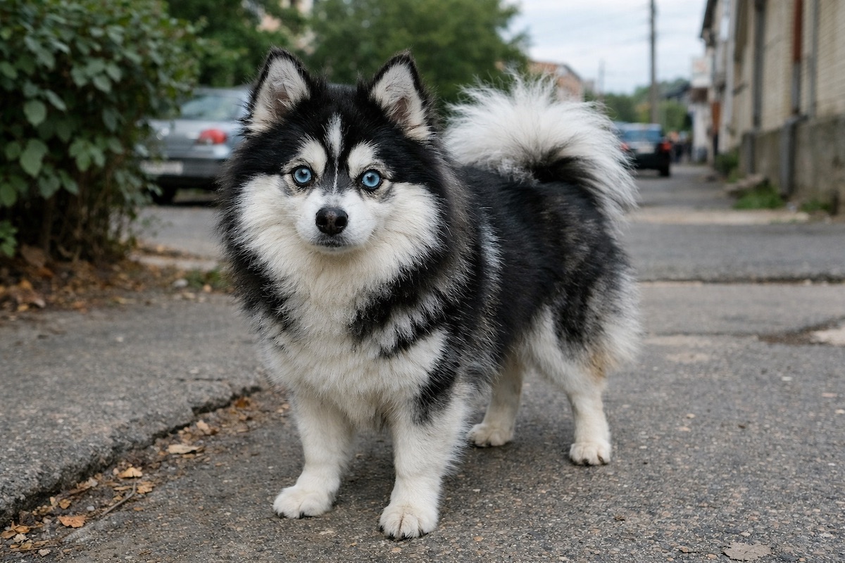Пушистый помски с голубыми глазами на прогулке