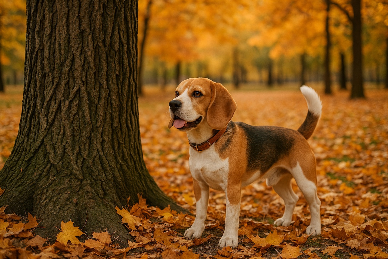 Бигль в осеннем парке