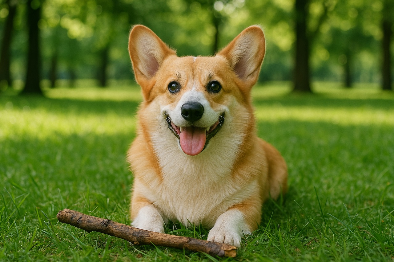Корги с палкой на траве