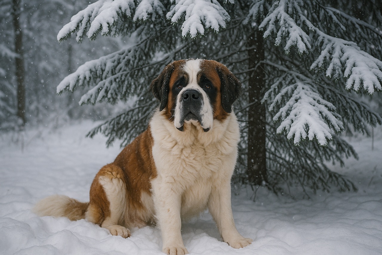 Сенбернар на снегу под деревом