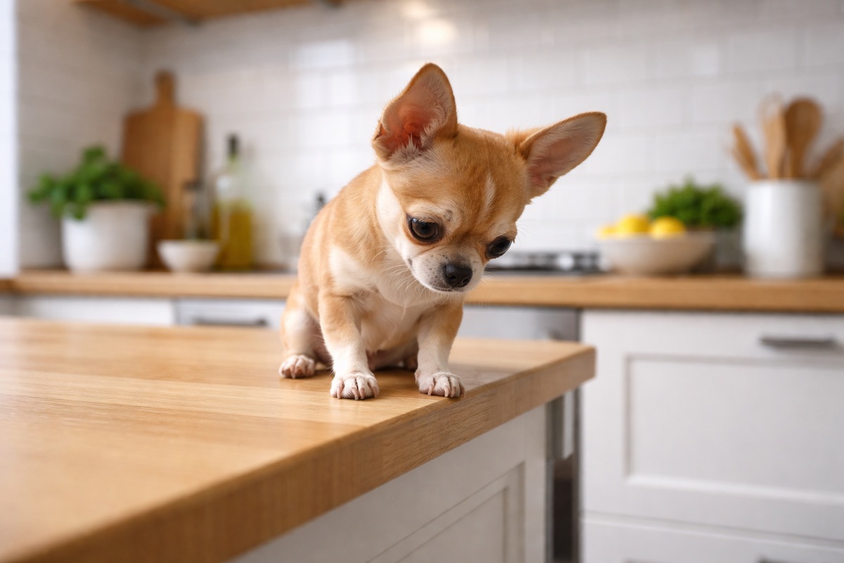 чихуахуа вылез на стол на кухне