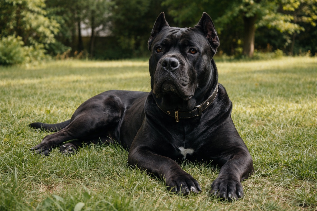 Чёрный кане корсо спокойно лежит на траве