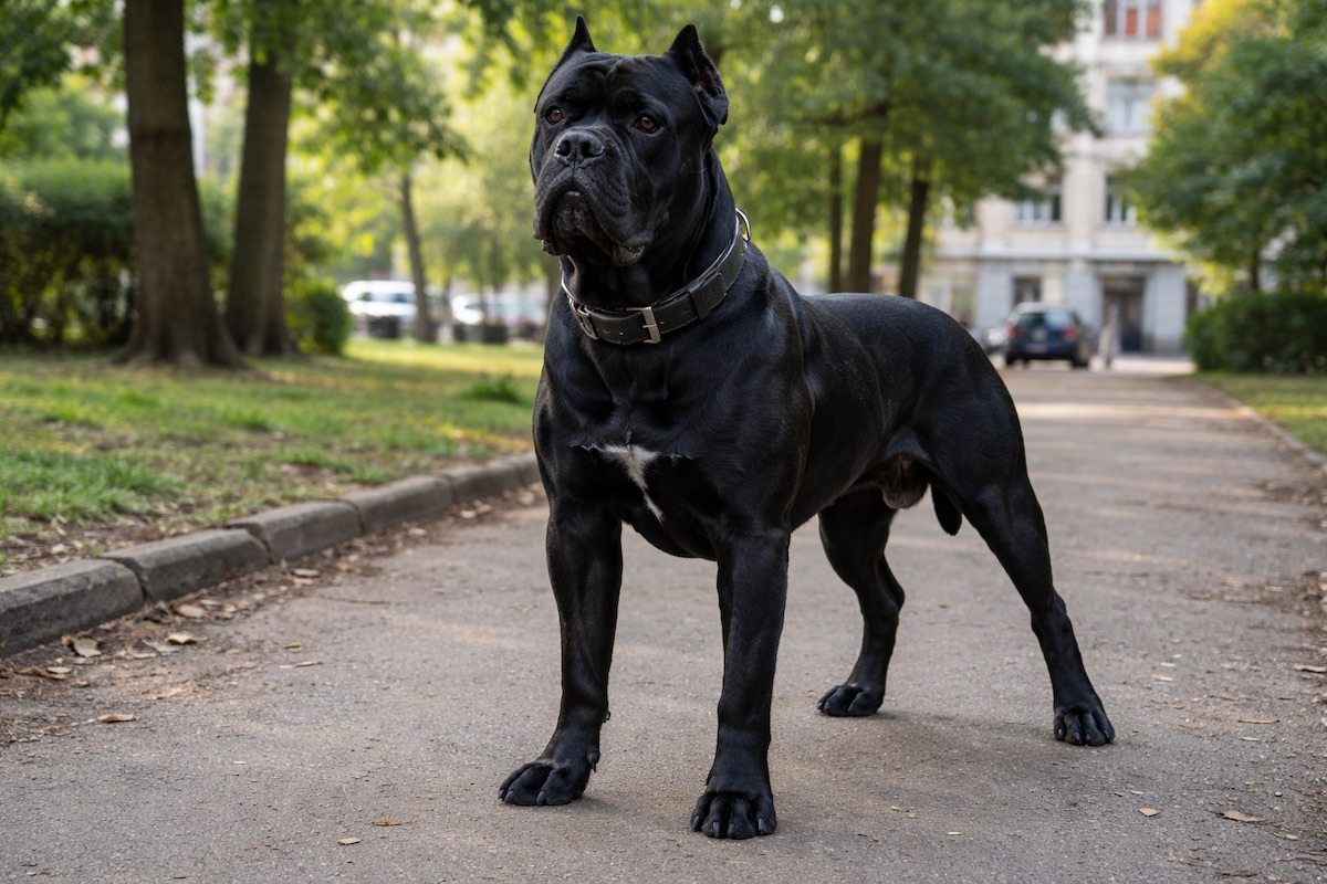 Чёрный кане корсо стоит в парке