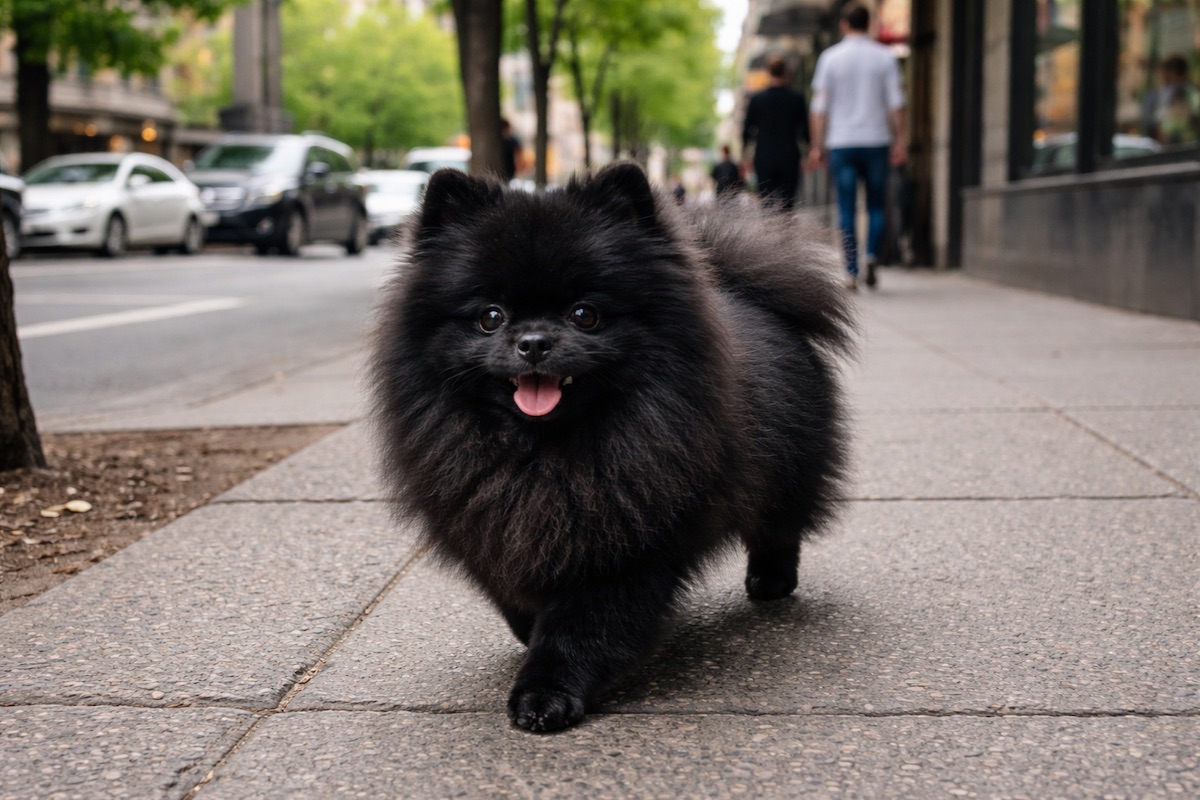 Чорний померанський шпіц на прогулянці в місті