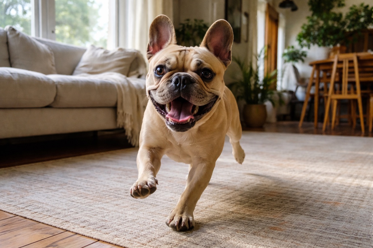 Активный французский бульдог играет