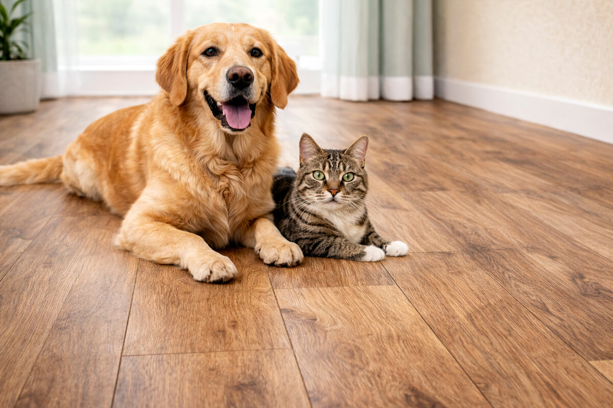 собака на ламінаті в інтерʼєрі