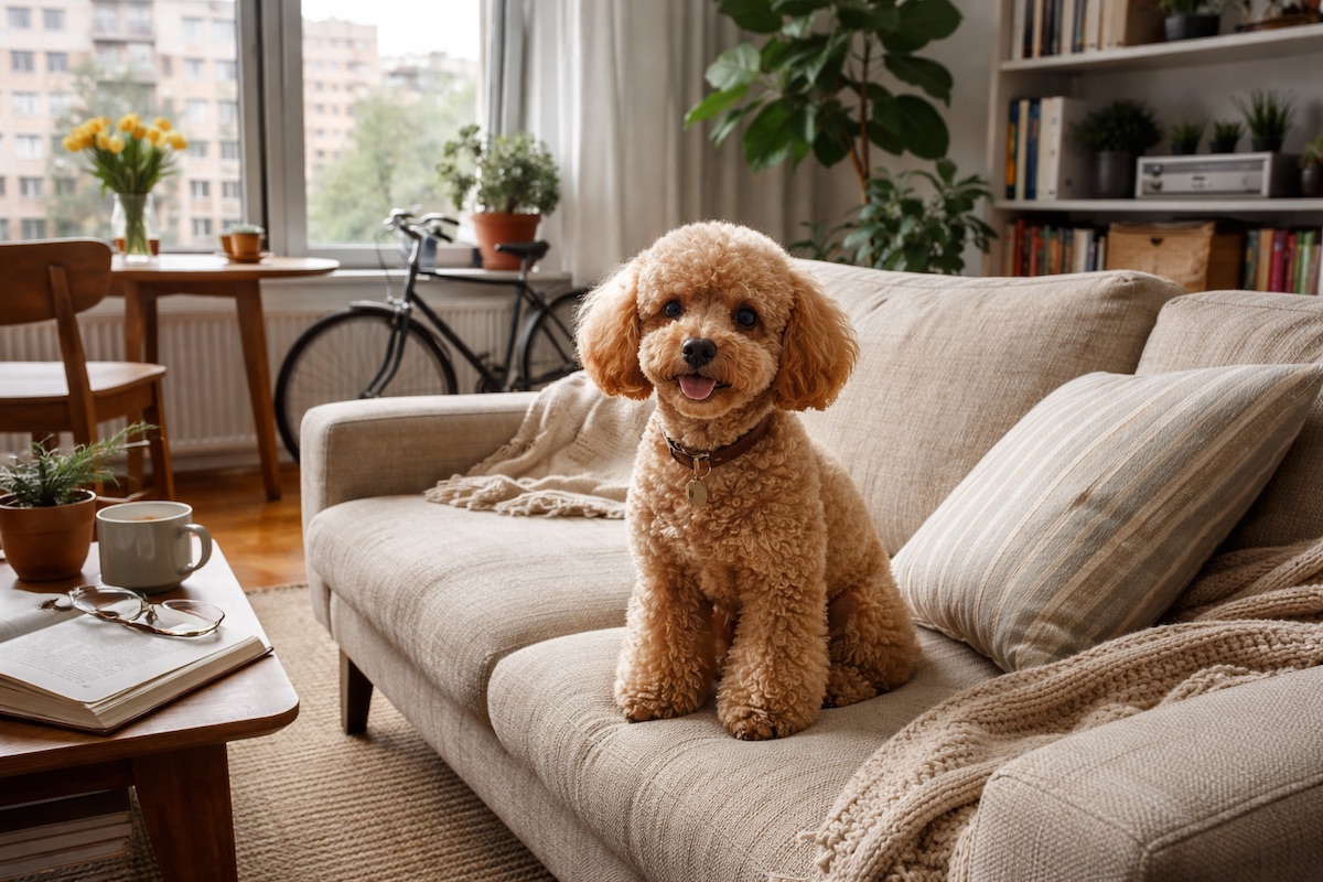 Той-пудель в квартире рядом с диваном