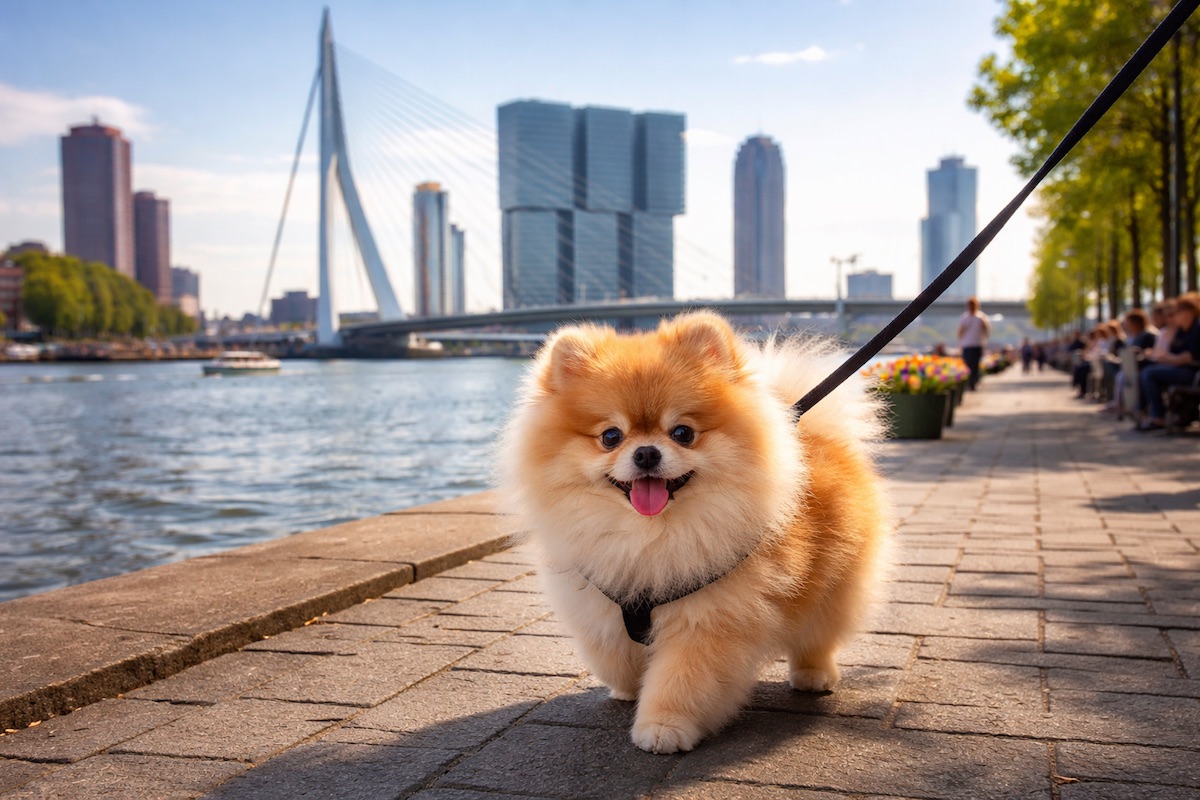 померанский шпиц гуляет на набережной