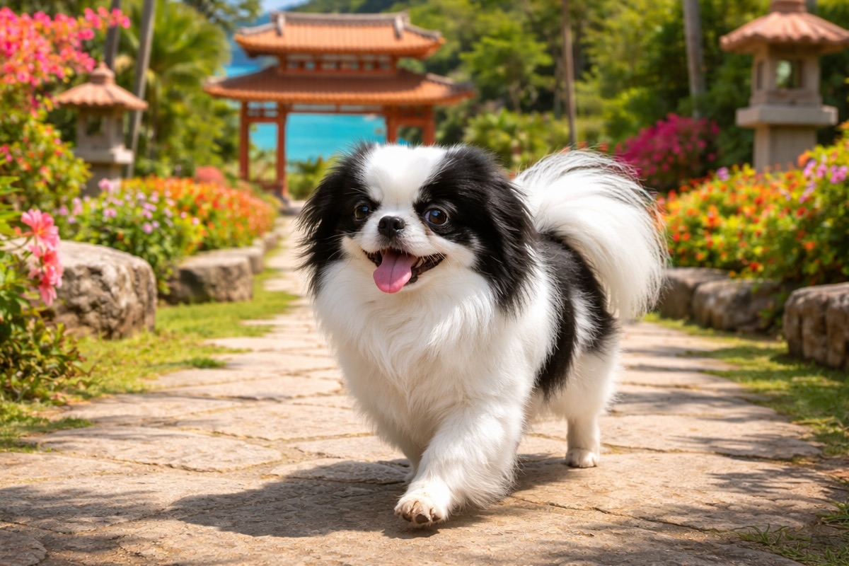 Японский хин гуляет в парке на Окинаве