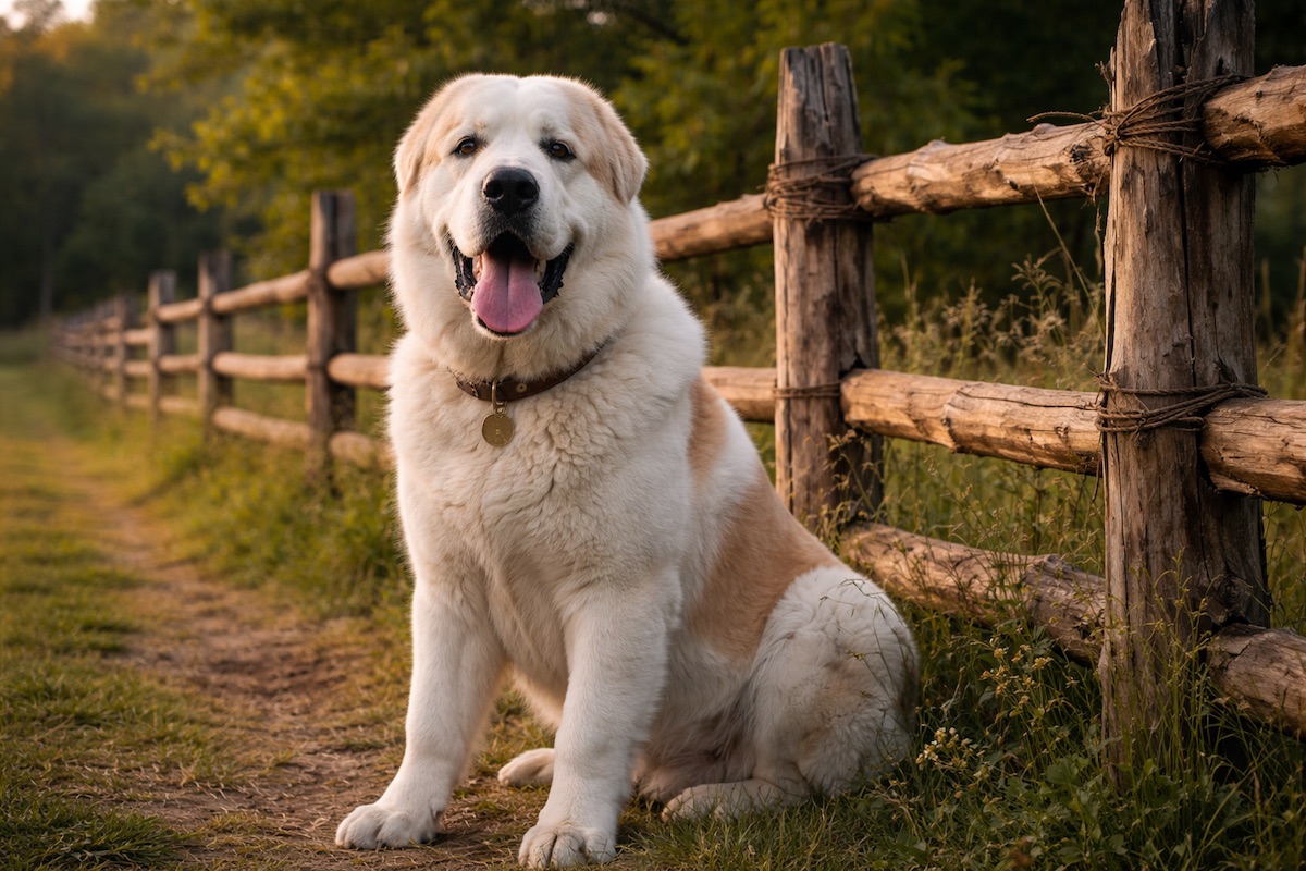 Алабай сидить біля паркану