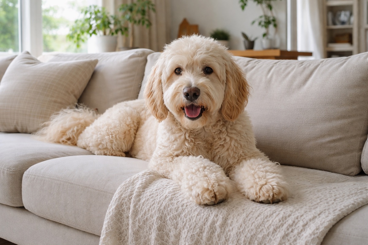 Лабрадудль лежит на диване в светлой гостиной