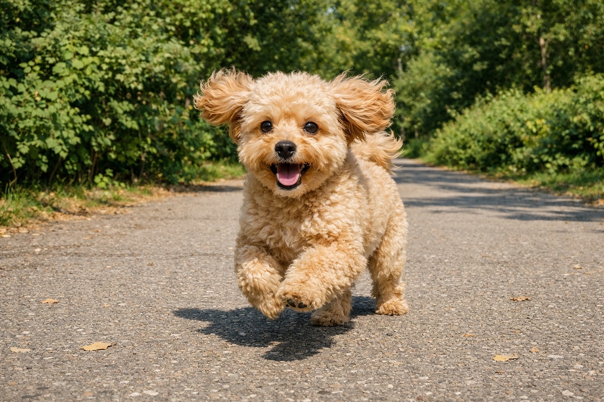 Пухнастий мальтіпу абрикосового забарвлення біжить доріжкою