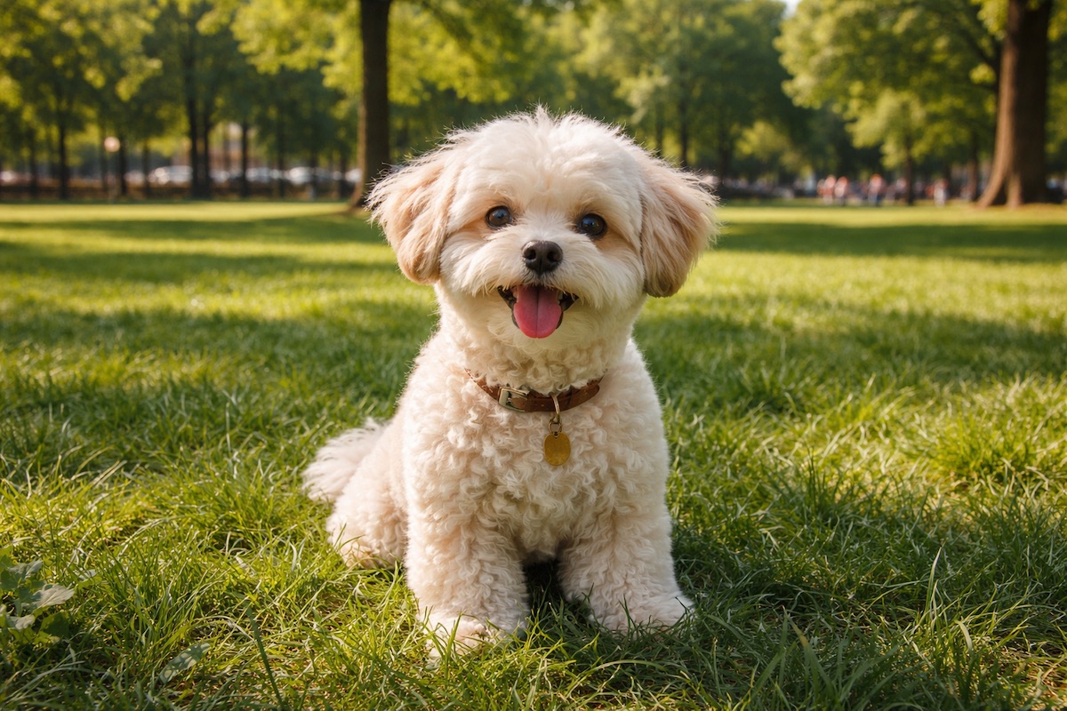 Мальтіпу кремового забарвлення сидить на траві у сонячний день