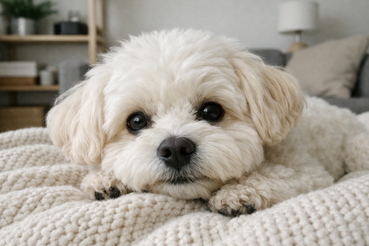 Білий мальтіпу лежить на м’якому пледі вдома