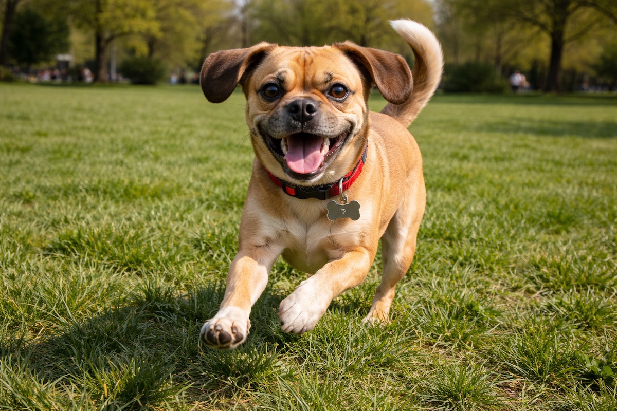 Пагль играет и бегает по траве