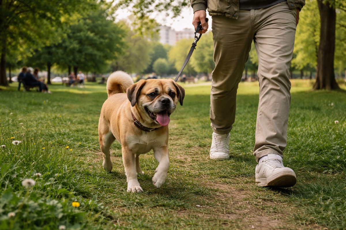 Пагль на прогулке в парке на поводке