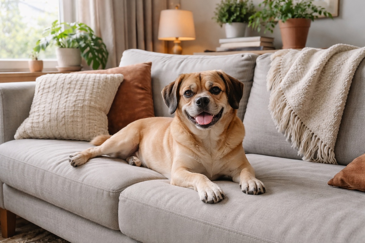 Пагль лежит на диване в квартире