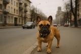 Французський бульдог гуляє в місті