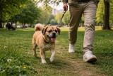 Пагль на прогулке в парке на поводке