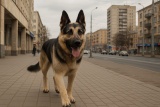Східноєвропейська вівчарка гуляє в місті