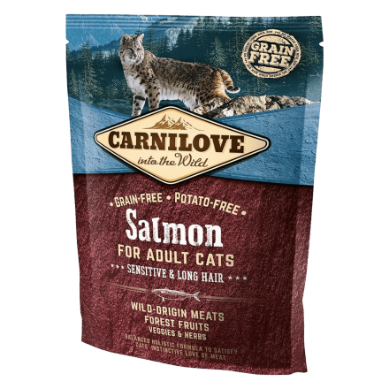 Carnilove Cat Salmon Sensitive & Long-Hair, 400 г - беззерновой корм Карнилав с лососем для кошек